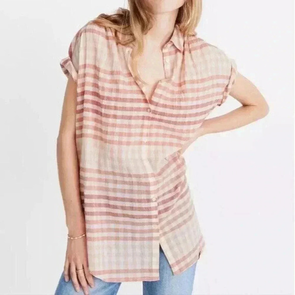 Madewell Ombre Gingham Check Short Sleeve Central Tunic Button Up Shirt Size XL - Picture 2 of 13